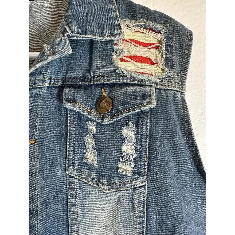 Distressed Denim Motorcycle Jacket Ripped Slashed Patched